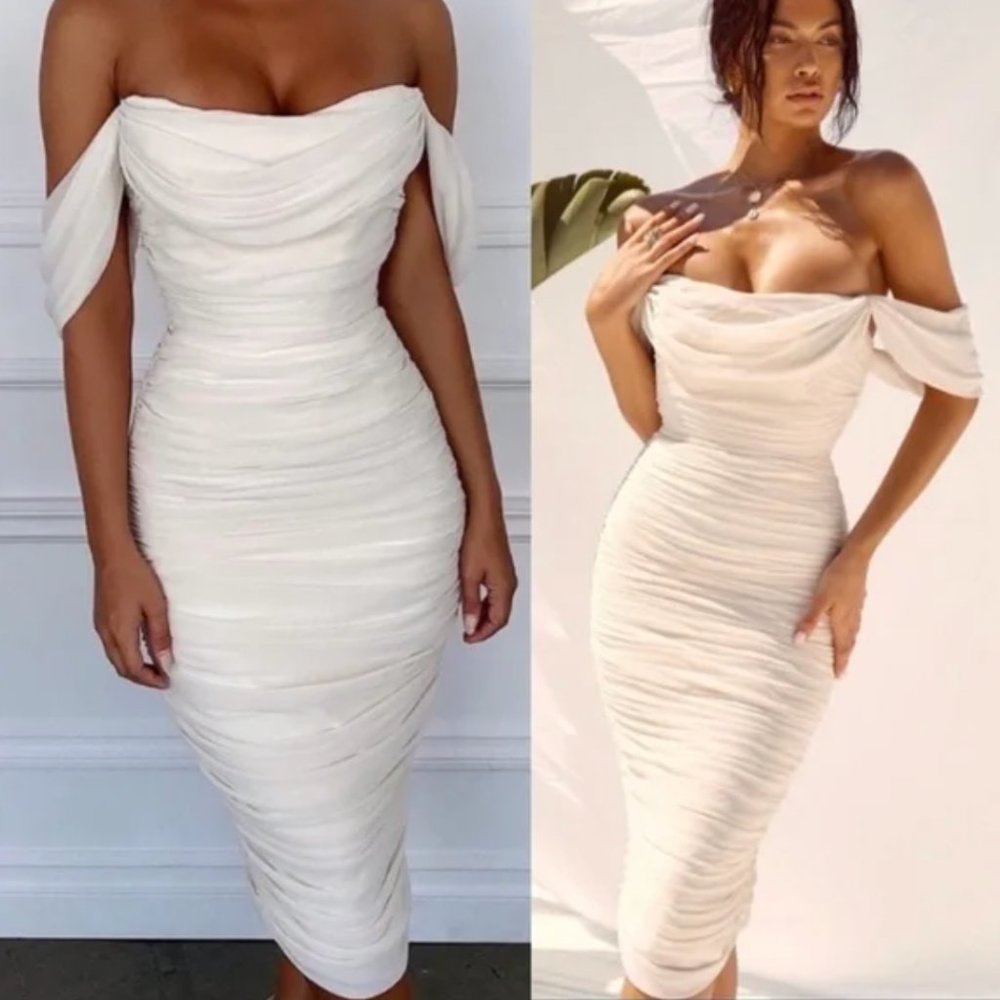 House of CB Dress Carlotta Draped Off The Shoulder Cream Dress Size Small